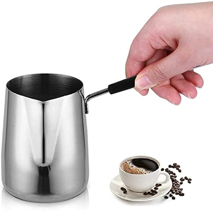 rayihni Turkish Coffee Pot Premium Stainless Steel Coffee And Butter Warmer Contemporary Design Milk Warmer With Spout Butter Pan Chocolate Melting Pot For Home Kitchen Silver 600Ml - Image 2