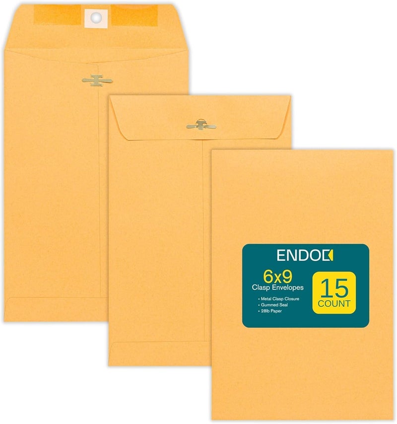 EnDoc Clasp Envelopes - 15 Pack Brown Kraft Catalog Envelopes 6x9 Inch with Clasp Closure & Gummed Seal - 28lb Heavyweight Paper Letter Envelopes for Home, Office, Mailing, Business, Legal or School - Image 1