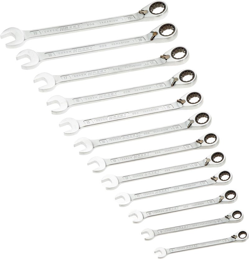 Hazet 606N/12 12-Point Profile Ratcheting Combination Wrench Set - Chrome-Plated - Image 1