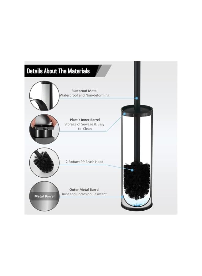 PROMASS Toilet Brush, Compact Size Toilet Bowl Brush and Holder Toilet Brushes for Bathroom with 304 Stainless Steel Handle, Toilet Cleaner Brush with Durable Scrubbing Bristles, Splash-Proof (Black, Floor) - Image 4