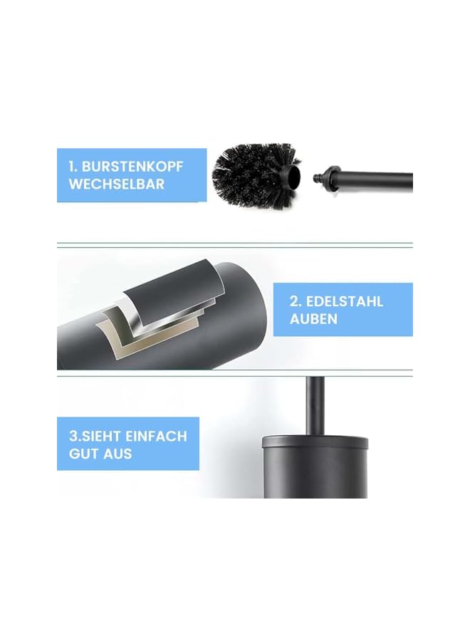 PROMASS Toilet Brush, Compact Size Toilet Bowl Brush and Holder Toilet Brushes for Bathroom with 304 Stainless Steel Handle, Toilet Cleaner Brush with Durable Scrubbing Bristles, Splash-Proof (Black, Floor) - Image 3