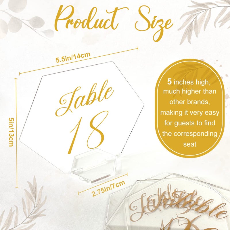 OurWarm Large Acrylic Wedding Table Numbers 1-20, Gold Printed Calligraphy Place Cards with Stand, Hexagon Multi-functional Clear Acrylic Sign and Holder, Ideal for Wedding Reception Events - Image 2