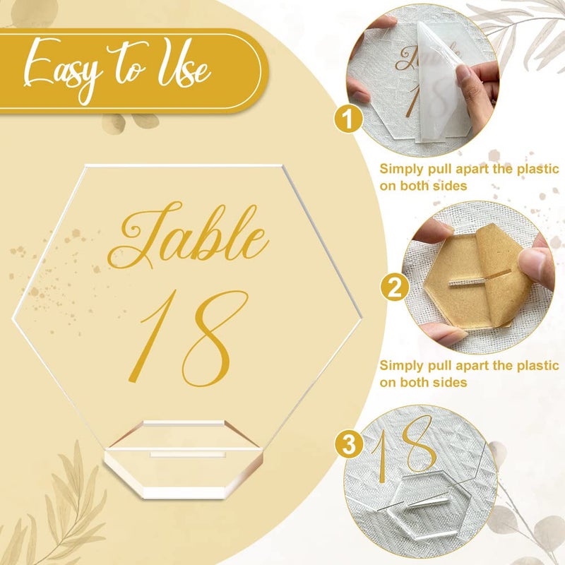 OurWarm Large Acrylic Wedding Table Numbers 1-20, Gold Printed Calligraphy Place Cards with Stand, Hexagon Multi-functional Clear Acrylic Sign and Holder, Ideal for Wedding Reception Events - Image 3