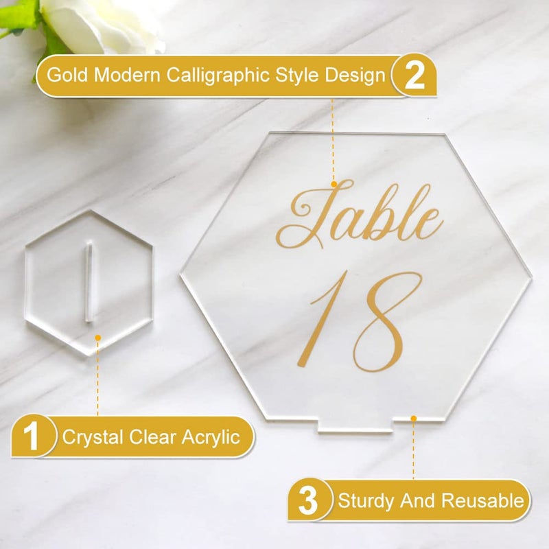 OurWarm Large Acrylic Wedding Table Numbers 1-20, Gold Printed Calligraphy Place Cards with Stand, Hexagon Multi-functional Clear Acrylic Sign and Holder, Ideal for Wedding Reception Events - Image 4
