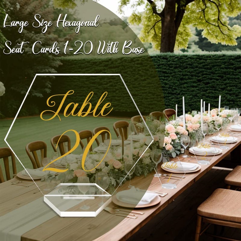 OurWarm Large Acrylic Wedding Table Numbers 1-20, Gold Printed Calligraphy Place Cards with Stand, Hexagon Multi-functional Clear Acrylic Sign and Holder, Ideal for Wedding Reception Events - Image 5