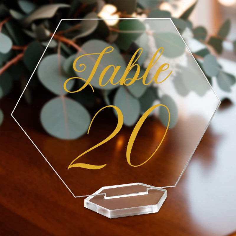 OurWarm Large Acrylic Wedding Table Numbers 1-20, Gold Printed Calligraphy Place Cards with Stand, Hexagon Multi-functional Clear Acrylic Sign and Holder, Ideal for Wedding Reception Events - Image 1