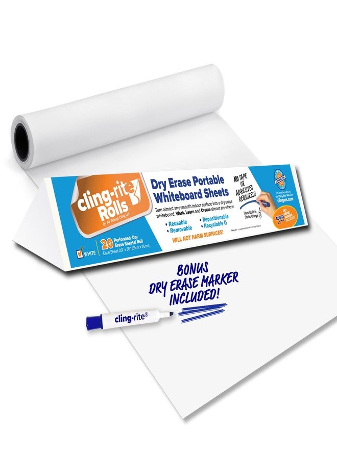 Clingers Dry Erase Cling-rite Roll Basic - Removable, Recyclable Whiteboard, 50' ft Roll, 20x30 Inch Sheets for School, Home, Office Decor, and Art Projects & Dry Erase Marker - American Made - Image 1