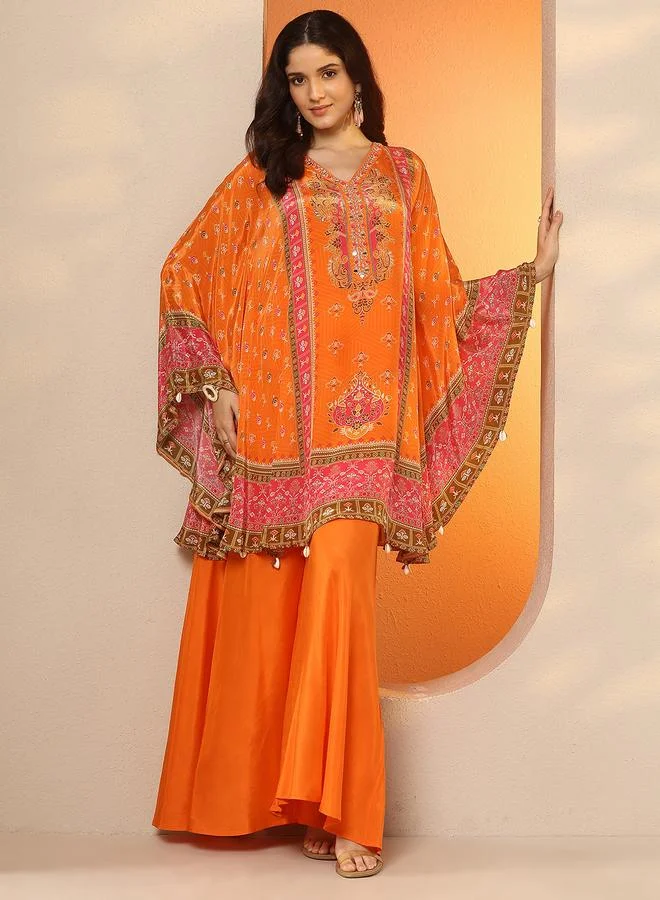 Libas Orange Printed Crepe Kaftan Kurta And Palazzo Set