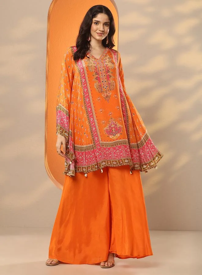 Libas Orange Printed Crepe Kaftan Kurta And Palazzo Set