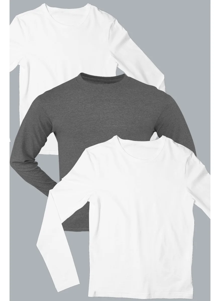 Rock&Roll Plain 2 White, 1 Anthracite Long Sleeve Men's T-Shirt 3-Piece Eco Pack