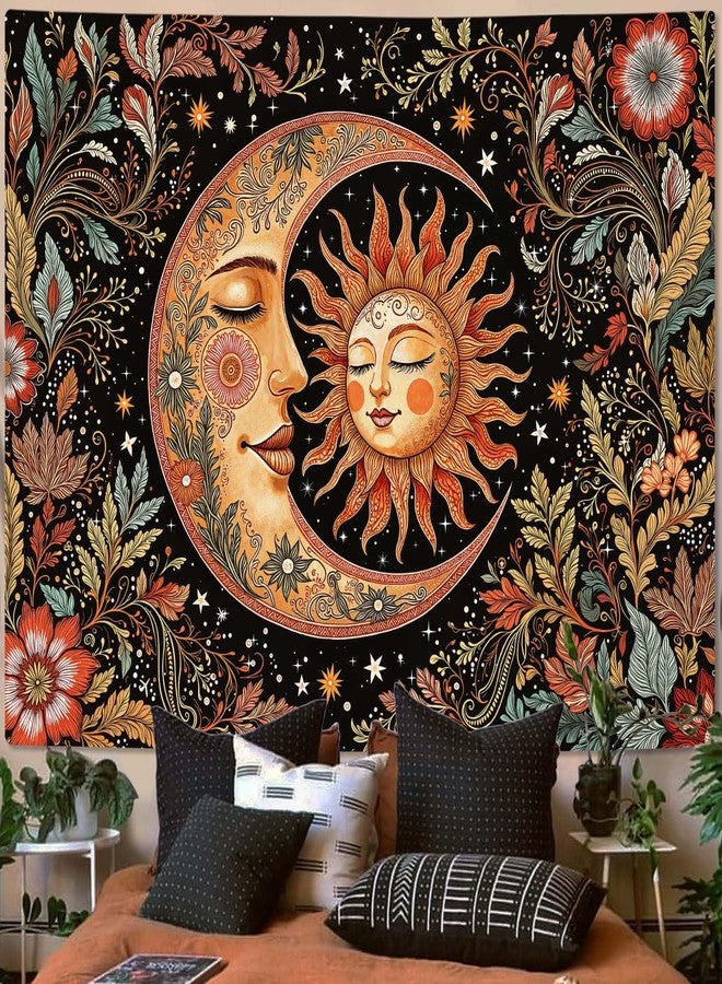 Accnicc Vintage Sun and Moon Tapestry Boho Hippie Floral Wall Tapestry for Bedroom Aesthetic Brown Celestial Spiritual Botanical Plant Small Tapestries Wall Hanging for Living Room Dorm 48 x 36 Inch - Image 5