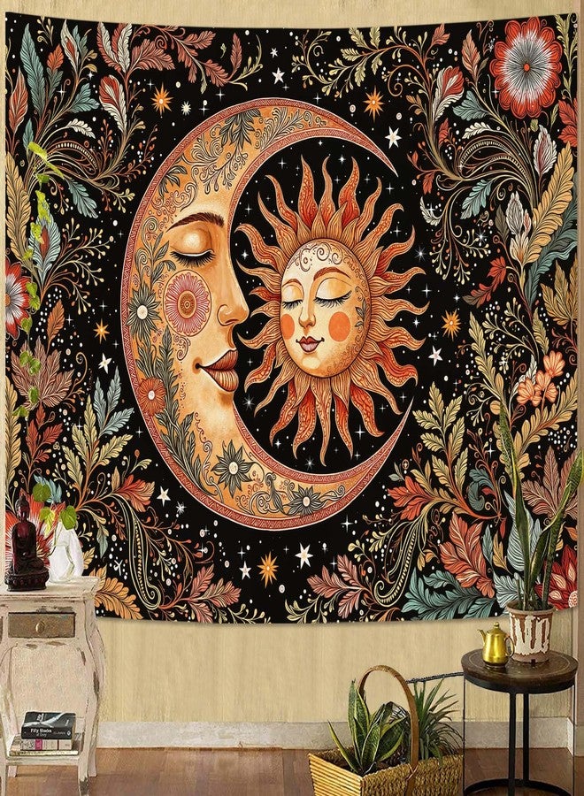 Accnicc Vintage Sun and Moon Tapestry Boho Hippie Floral Wall Tapestry for Bedroom Aesthetic Brown Celestial Spiritual Botanical Plant Small Tapestries Wall Hanging for Living Room Dorm 48 x 36 Inch - Image 3