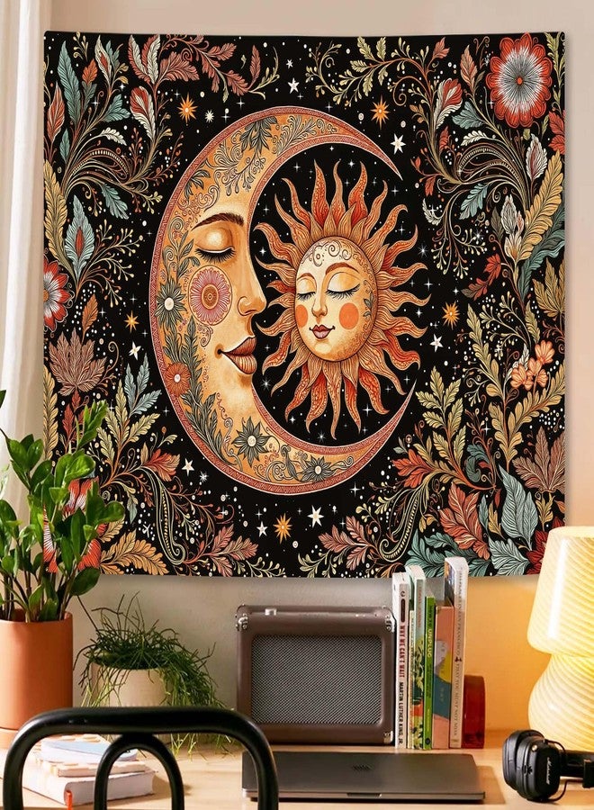 Accnicc Vintage Sun and Moon Tapestry Boho Hippie Floral Wall Tapestry for Bedroom Aesthetic Brown Celestial Spiritual Botanical Plant Small Tapestries Wall Hanging for Living Room Dorm 48 x 36 Inch - Image 4