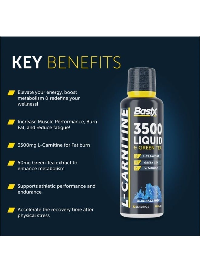 Basix 3500 L-Carnitine And Green Tea - Blue Razz Rush (64 Serv - 480 ml) - Image 5