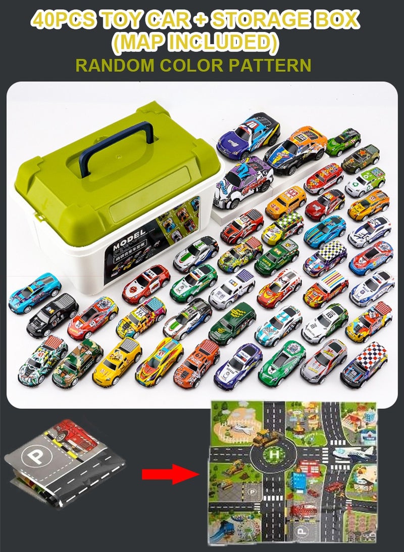 Haidue 40 Toy Car Party Gift Pull Back Racing Toy Mini Kids Toy Boy Girl Toddler Party Goodie Bag for kids 3-13 years old Boy Girl Gift with map and storage box  (toy car style random) - Image 1