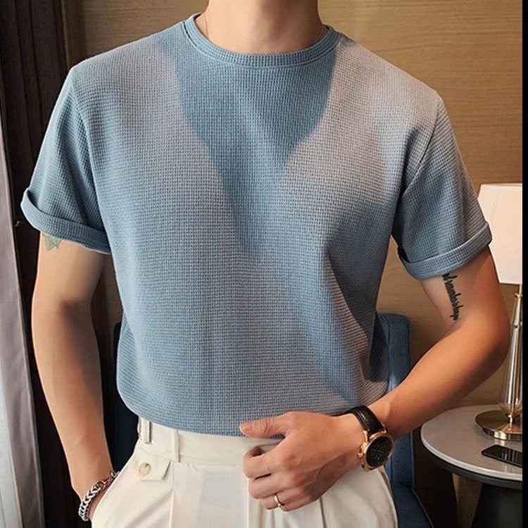 Wafflick Design Sense Summer Men'S Korean Style Loose Knitted Short Sleeve Light Mature Style Solid Color Casual T-Shirt Trendy - Image 1