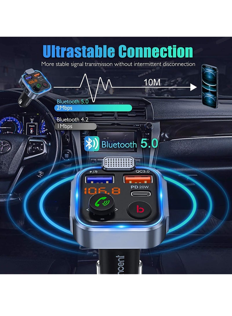 ELTRAZONE Car FM Transmitter, Wireless Bluetooth 5.0 Radio Adapter Car Kit, PD3.0 Type C 20W+QC3.0 Car Fast Charger, Hands Free Calling, Bass Lossless Hi-Fi Sound Support U Disk - Image 4