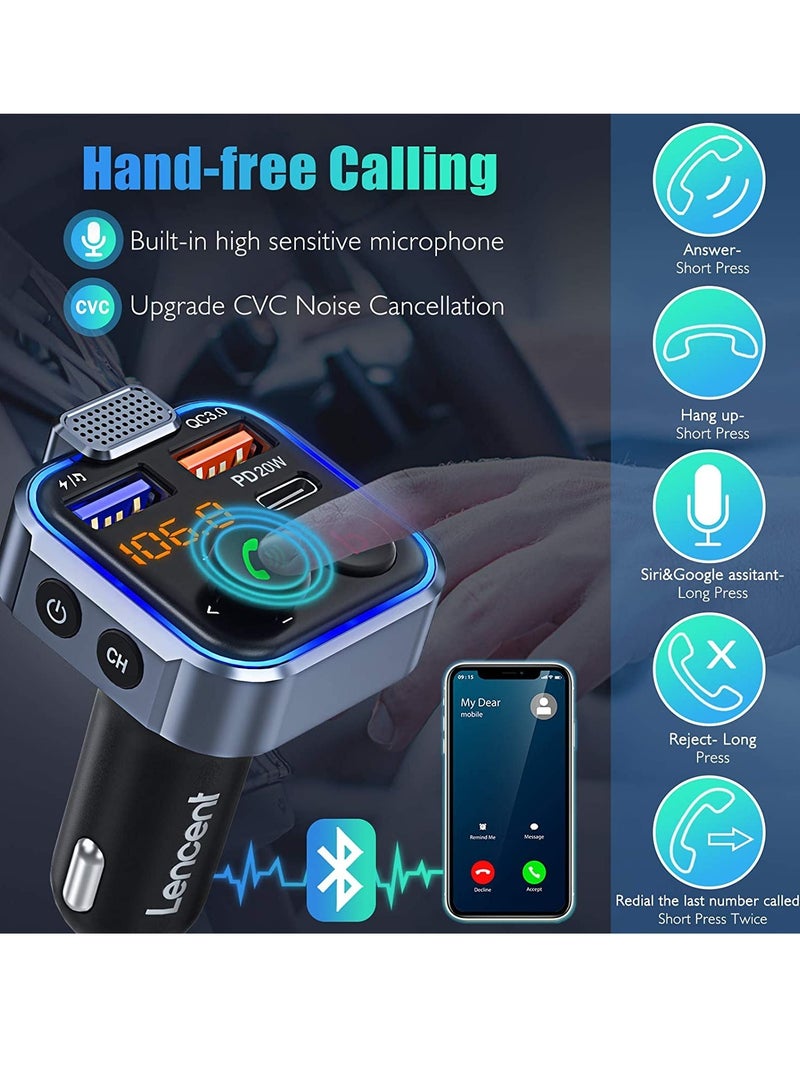 ELTRAZONE Car FM Transmitter, Wireless Bluetooth 5.0 Radio Adapter Car Kit, PD3.0 Type C 20W+QC3.0 Car Fast Charger, Hands Free Calling, Bass Lossless Hi-Fi Sound Support U Disk - Image 2