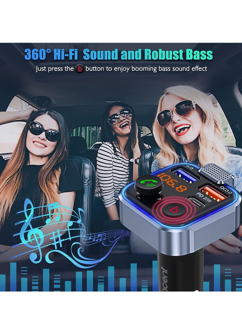 ELTRAZONE Car FM Transmitter, Wireless Bluetooth 5.0 Radio Adapter Car Kit, PD3.0 Type C 20W+QC3.0 Car Fast Charger, Hands Free Calling, Bass Lossless Hi-Fi Sound Support U Disk - Image 3