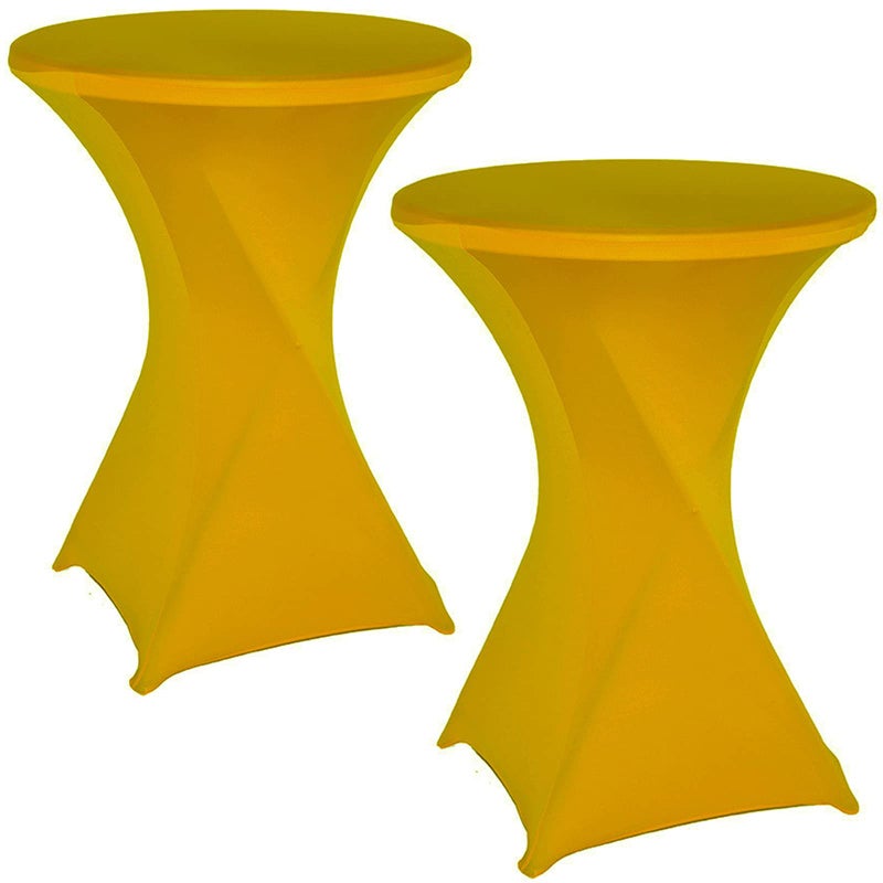 Jeloris 2 Pack 32x43 Inch Gold Cocktail Spandex Round Tablecloth Stretch Spandex Cocktail Table Fitted Cover for Weddings Banquets Events Parties Restaurants