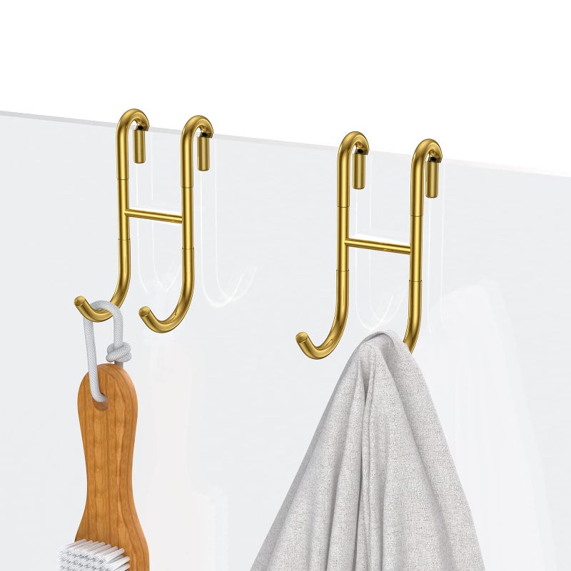 SSTOOHL 304 Stainless Steel Shower Door Hooks, Gold, 2 Pack Over Shower Glass Door Hook, Rack Hooks, Frameless, Bathroom Hanger, Drilling-Free, Glue-Free, Towel Hooks for 0.47inch Thickness Glass - Image 1