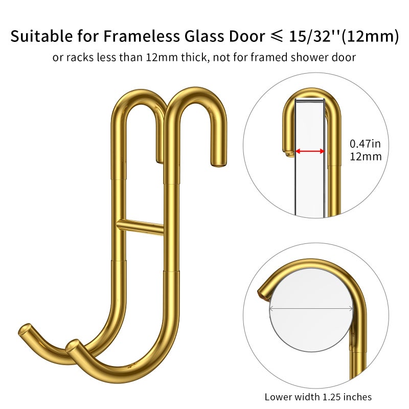 SSTOOHL 304 Stainless Steel Shower Door Hooks, Gold, 2 Pack Over Shower Glass Door Hook, Rack Hooks, Frameless, Bathroom Hanger, Drilling-Free, Glue-Free, Towel Hooks for 0.47inch Thickness Glass - Image 2