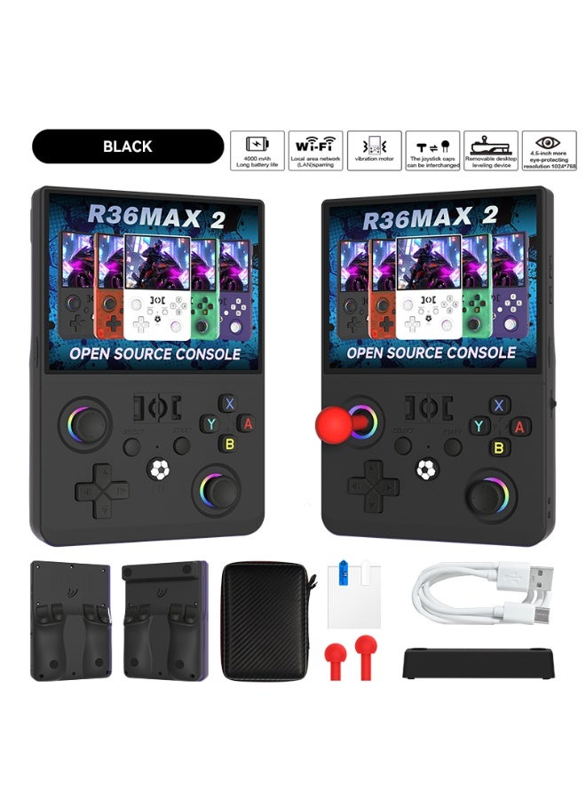R36MAX 2 وحدة تحكم ألعاب محمولة ريترو 4.5 بوصة شاشة IPS نظام لينكس 64 جيجابايت ألعاب مدمجة محاكي كلاسيكي جهاز ألعاب جيب قابل لإعادة الشحن بطارية طويلة سوداء - Image 1