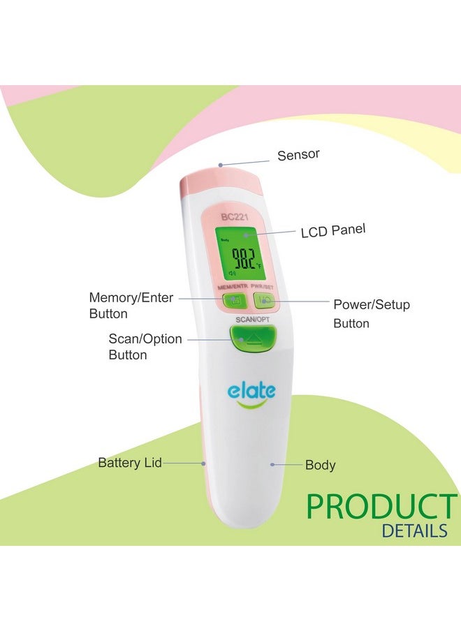 Elate - Non Contact/No Touch Digital Forehead Thermometer For Adults Kids And Babies. Accurate Hospital Medical Grade Touchless Temporal Thermometer Fsa Hsa Approved Pink - Image 1