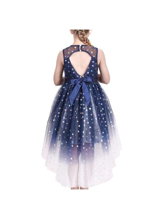 Sunny Fashion - Girls Dress Blue Heart Sequin Hi-Low Gradient Hollow Back Bow Party Size 10 - Image 1