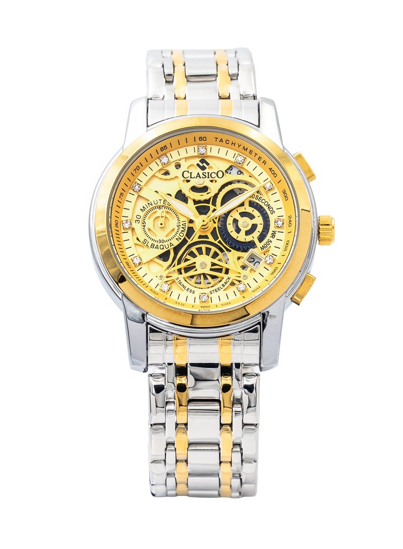 Clasico إصدار قرص الهيكل العظمي – ذهب شمبانيا وحزام فولاذي ثنائي اللون فضي-ذهبي – ساعة كرونوغراف للرجال – تصميم مقاوم للماء - Image 1