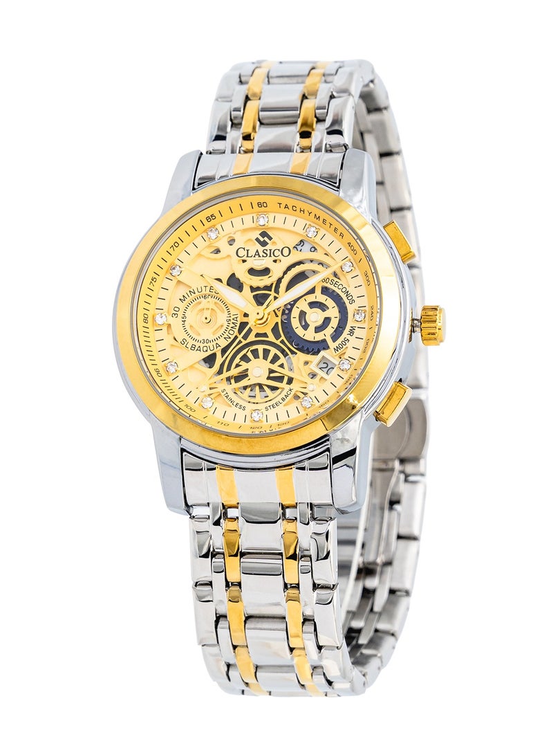 Clasico إصدار قرص الهيكل العظمي – ذهب شمبانيا وحزام فولاذي ثنائي اللون فضي-ذهبي – ساعة كرونوغراف للرجال – تصميم مقاوم للماء - Image 2