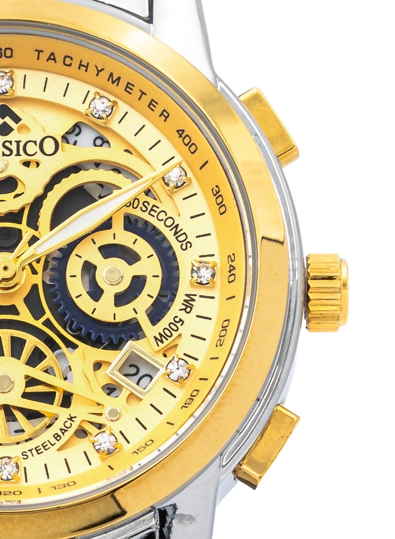 Clasico إصدار قرص الهيكل العظمي – ذهب شمبانيا وحزام فولاذي ثنائي اللون فضي-ذهبي – ساعة كرونوغراف للرجال – تصميم مقاوم للماء - Image 3