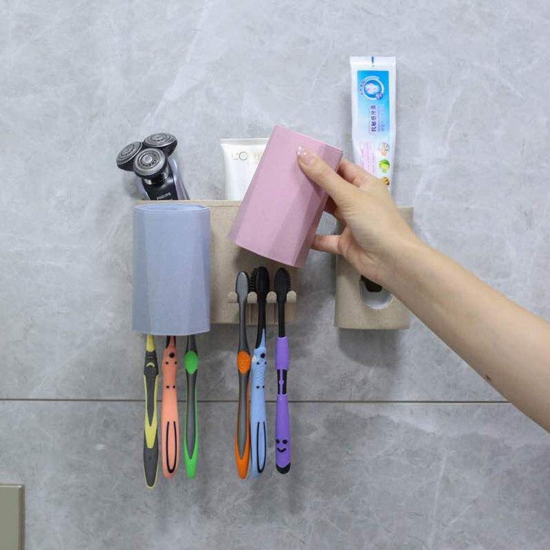 GETHOME GETHOME Self Adhesive Wall Mounted Toothbrush Holder with Automatic Wall Mounted Toothpaste Dispenser Squeezer 2 Slot for Keeping Cream, Lotion, Shampoo, Shaving Machine with 6 Toothbrush Holder Hook  - Image 2