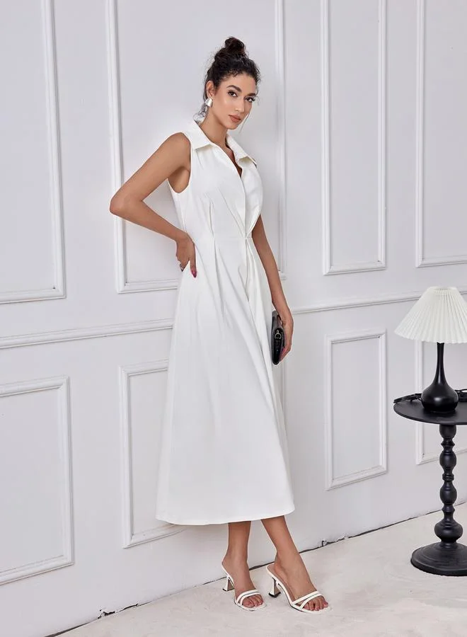 تايك تو Solid Pocket Detail Sleeveless A-Line Midi Dress by Styli