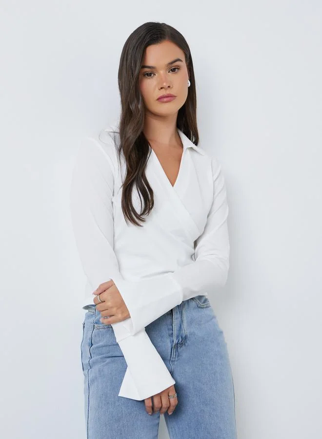 Styli Flared Long Sleeve Wrap Top