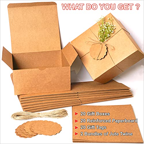 mudrit Kraft Gift Boxes 20 Pack 8X8X4 Inches, Thick Kraft Paper Boxes With Lids, Tags & Jute Rope For Gifts, Wedding Favours, Bridesmaid Proposals, Cupcakes, Crafting,Brown - Image 2