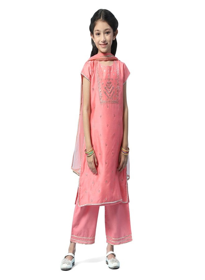 BIBA Girl's Cotton Printed Straight Kid (Kw5222_Pink_11, Salwar Suit Set) - Image 1