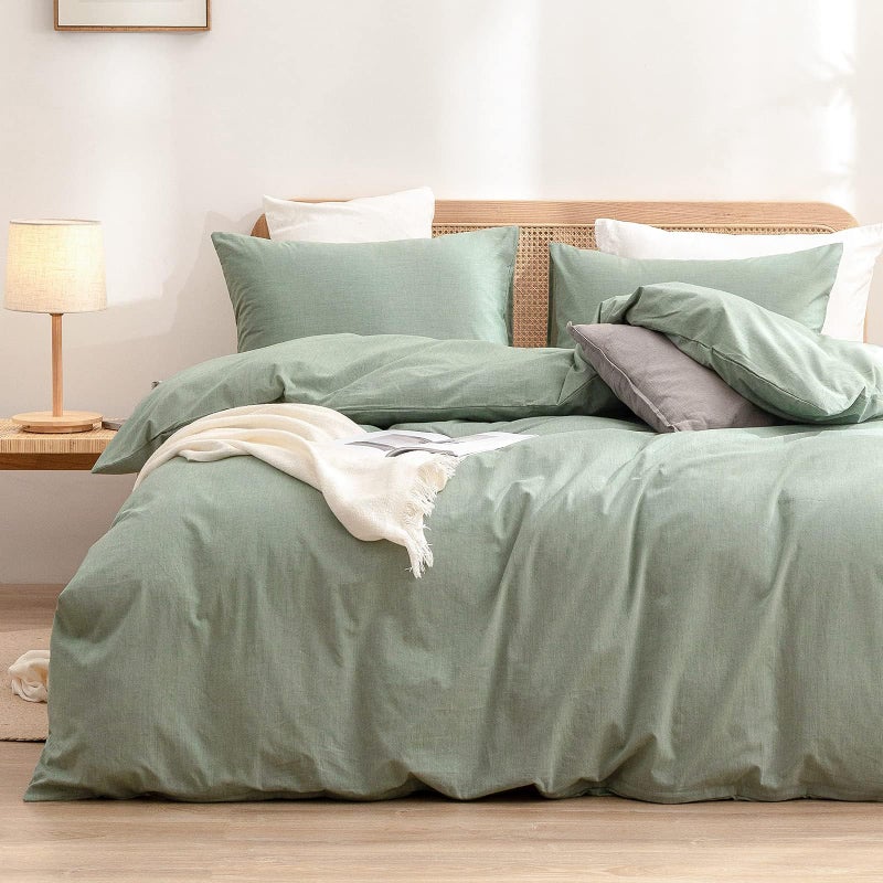 BESTOUCH Duvet Cover Set 100 Washed Cotton Linen Feel Super Soft Comfortable Chic Lightweight 3 PCs Home Bedding Set Solid Green Oversized Full