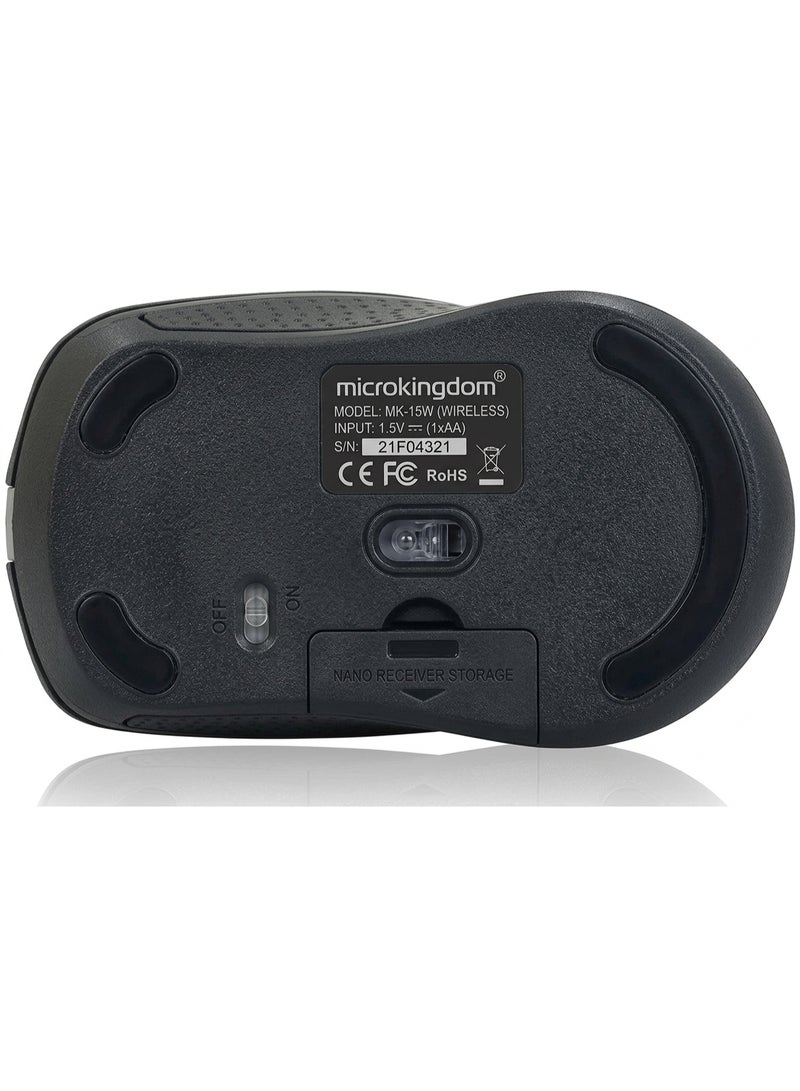 مايكروكينغدوم ماوس لاسلكي MicroKingdom M15 بتردد 2.4 جيجاهرتز، ودقة قابلة للتعديل حتى 1600 نقطة في البوصة مع مفتاح DPI، وجهاز استقبال USB نانو، وتصميم مريح ومتين، وماوس بصري سهل الاستخدام لأجهزة الكمبيوتر المحمولة والشخصية وأجهزة ماك - أسود - Image 4