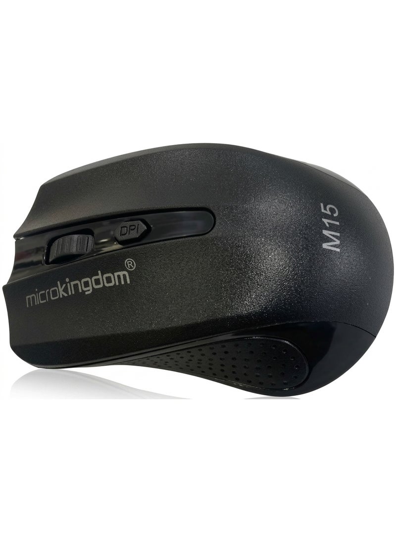مايكروكينغدوم ماوس لاسلكي MicroKingdom M15 بتردد 2.4 جيجاهرتز، ودقة قابلة للتعديل حتى 1600 نقطة في البوصة مع مفتاح DPI، وجهاز استقبال USB نانو، وتصميم مريح ومتين، وماوس بصري سهل الاستخدام لأجهزة الكمبيوتر المحمولة والشخصية وأجهزة ماك - أسود - Image 3