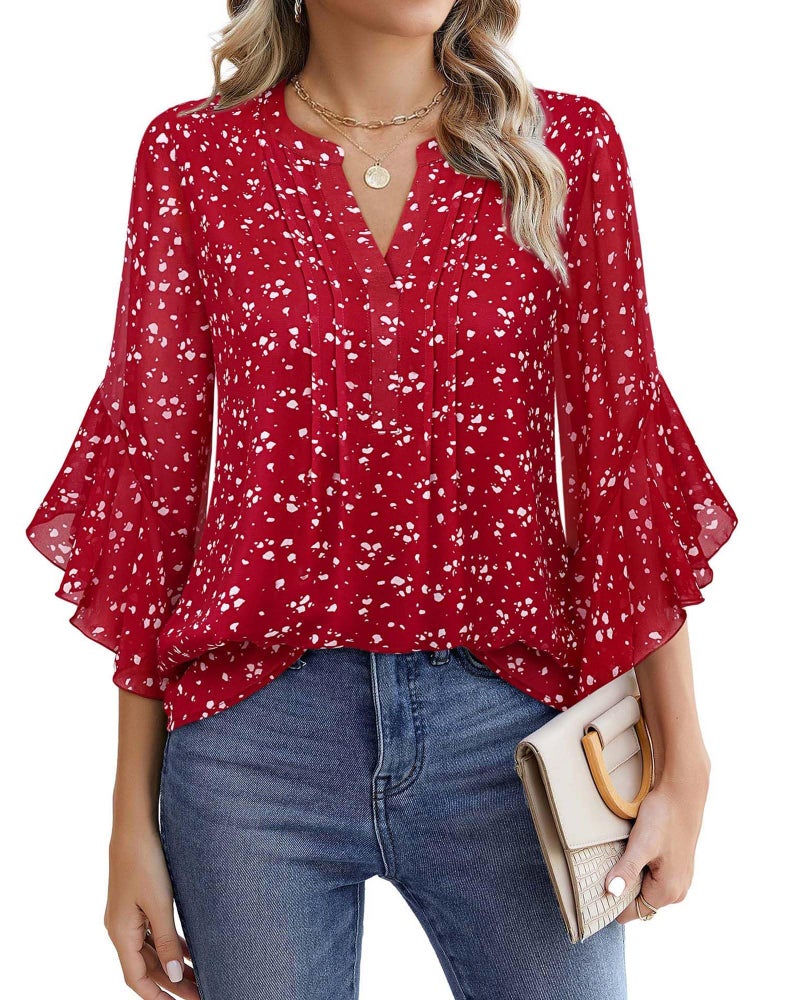 Timeson 3/4 Length Sleeve Womens Tops: Office Business Attire Red Blouses for Women Dressy Casual Spring Work Shirts for Women Flowy Ladies Tops Trendy 2026 Fall Peasant Professional Formal Outfits - Image 1