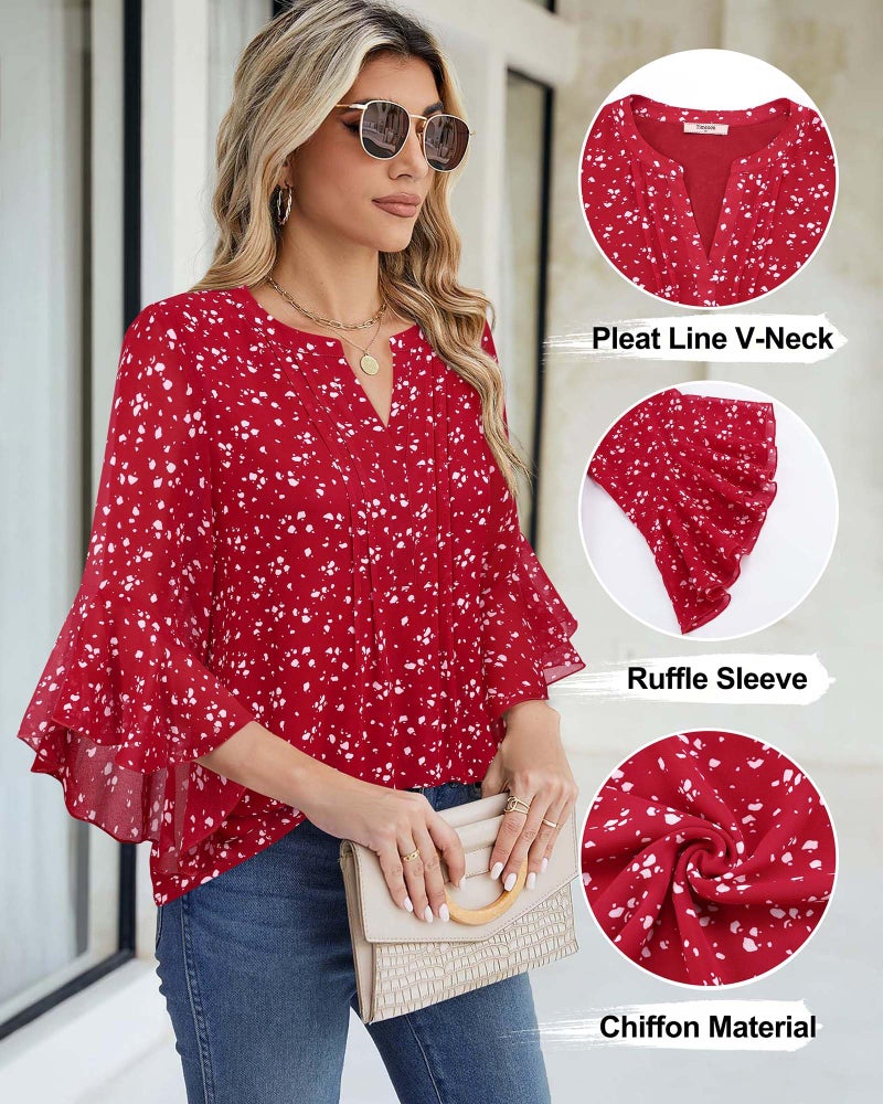 Timeson 3/4 Length Sleeve Womens Tops: Office Business Attire Red Blouses for Women Dressy Casual Spring Work Shirts for Women Flowy Ladies Tops Trendy 2026 Fall Peasant Professional Formal Outfits - Image 4