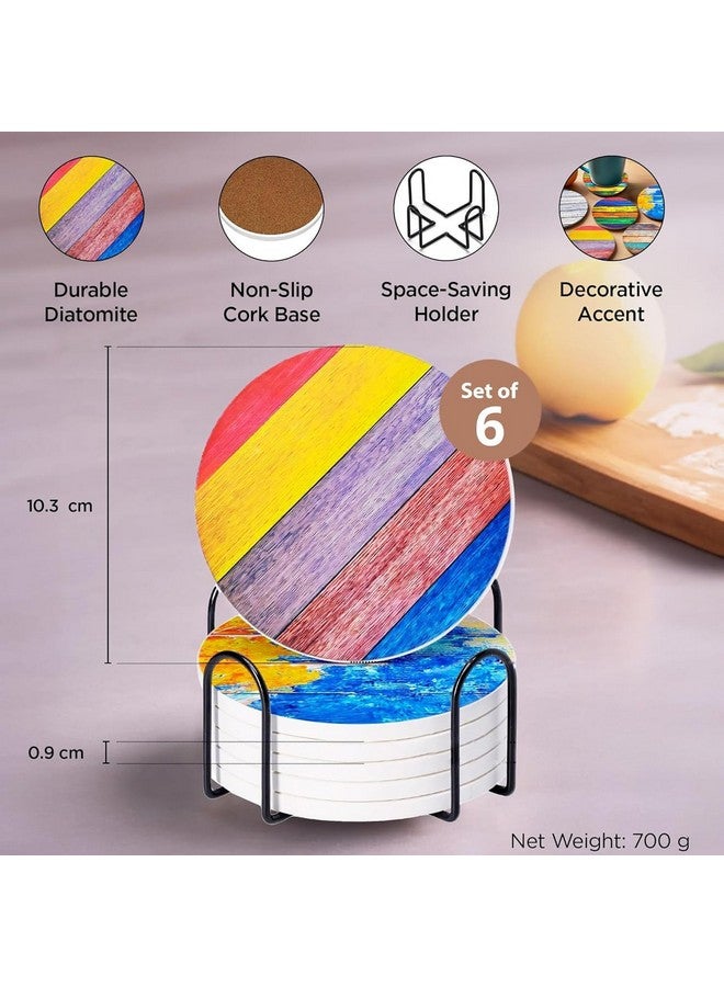 Urbane Home Urbane Home 6 Pcs Anti-Skid Tea Coaster with Holder - Round Coffee Cup & Water Glass Cover Top Lid for Teapoy & Center Table - Multicolor  - Image 3