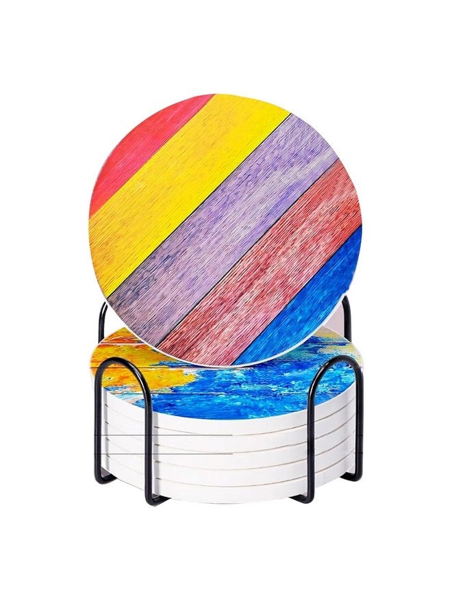 Urbane Home Urbane Home 6 Pcs Anti-Skid Tea Coaster with Holder - Round Coffee Cup & Water Glass Cover Top Lid for Teapoy & Center Table - Multicolor  - Image 1