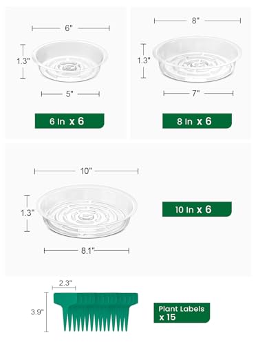 GROWNEER 15 Pack of 6, 8, 10 Inches Clear Plant Saucers Flower Pot Trays, with 15 Pcs Plant Labels, Plastic Plant Drip Trays for Indoor Outdoor Plants Garden, 5pcs of Each Size - Image 2