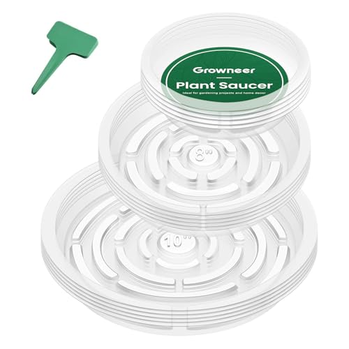 GROWNEER 15 Pack of 6, 8, 10 Inches Clear Plant Saucers Flower Pot Trays, with 15 Pcs Plant Labels, Plastic Plant Drip Trays for Indoor Outdoor Plants Garden, 5pcs of Each Size - Image 1