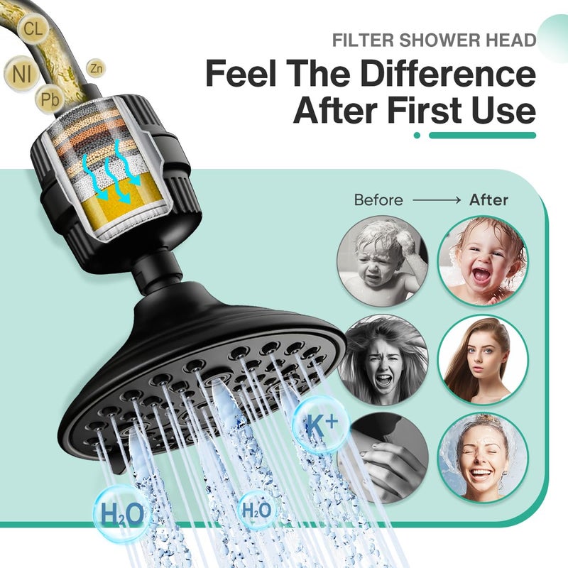 Cobbe 6-Setting High Pressure Filtered Shower Head Combo, Detachable Rain Shower Head with 20 Stage Shower Head Filter for Hard Water - Remove Chlorine and Harmful Substances, Black - Image 2