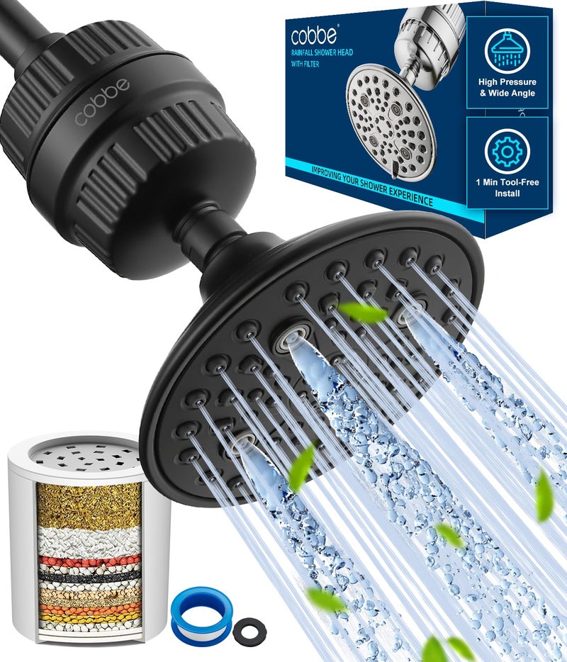 Cobbe 6-Setting High Pressure Filtered Shower Head Combo, Detachable Rain Shower Head with 20 Stage Shower Head Filter for Hard Water - Remove Chlorine and Harmful Substances, Black - Image 1