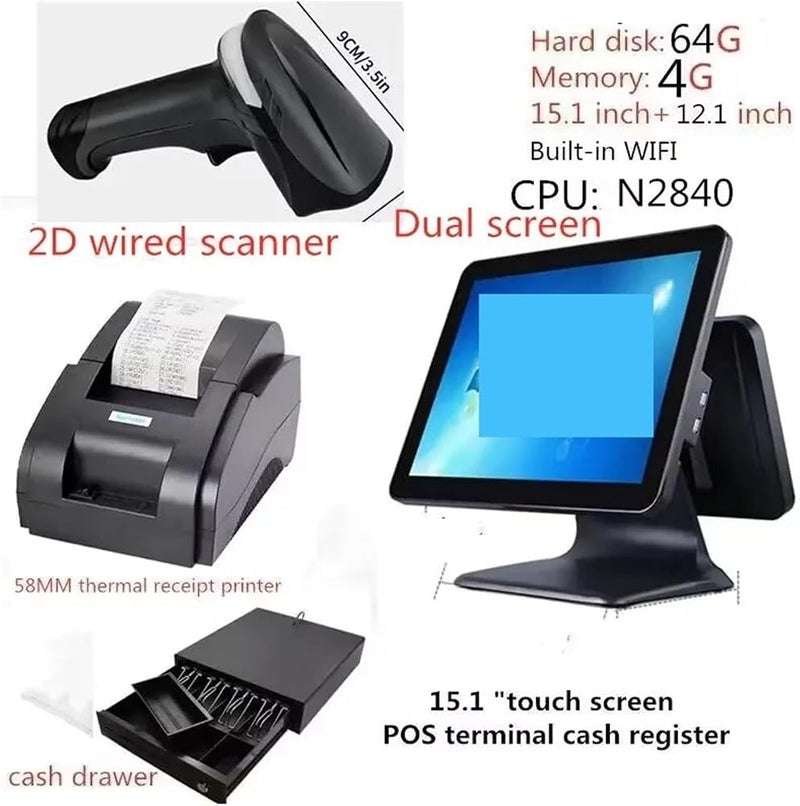 ROOUIO Cash Register, A Complete Set Of Cash Register Equipment, Thermal Printer Scanner Cash Drawer Touch Cash Register 15.1 Inch Built-in WIFI(Dual screen) - Image 2
