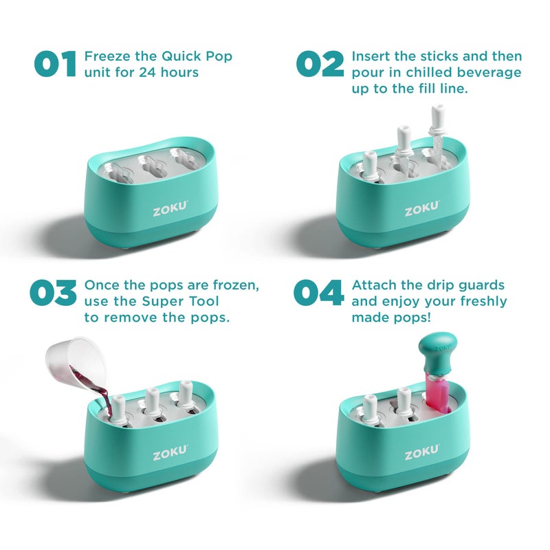 ZOKU New Triple Quick Pop Maker, Create 3 Popsicles in Minutes, Includes Super Tool, 6 Sticks and Drip Guards, 2 Pour Cups, and Character Kit, Blue - Image 4